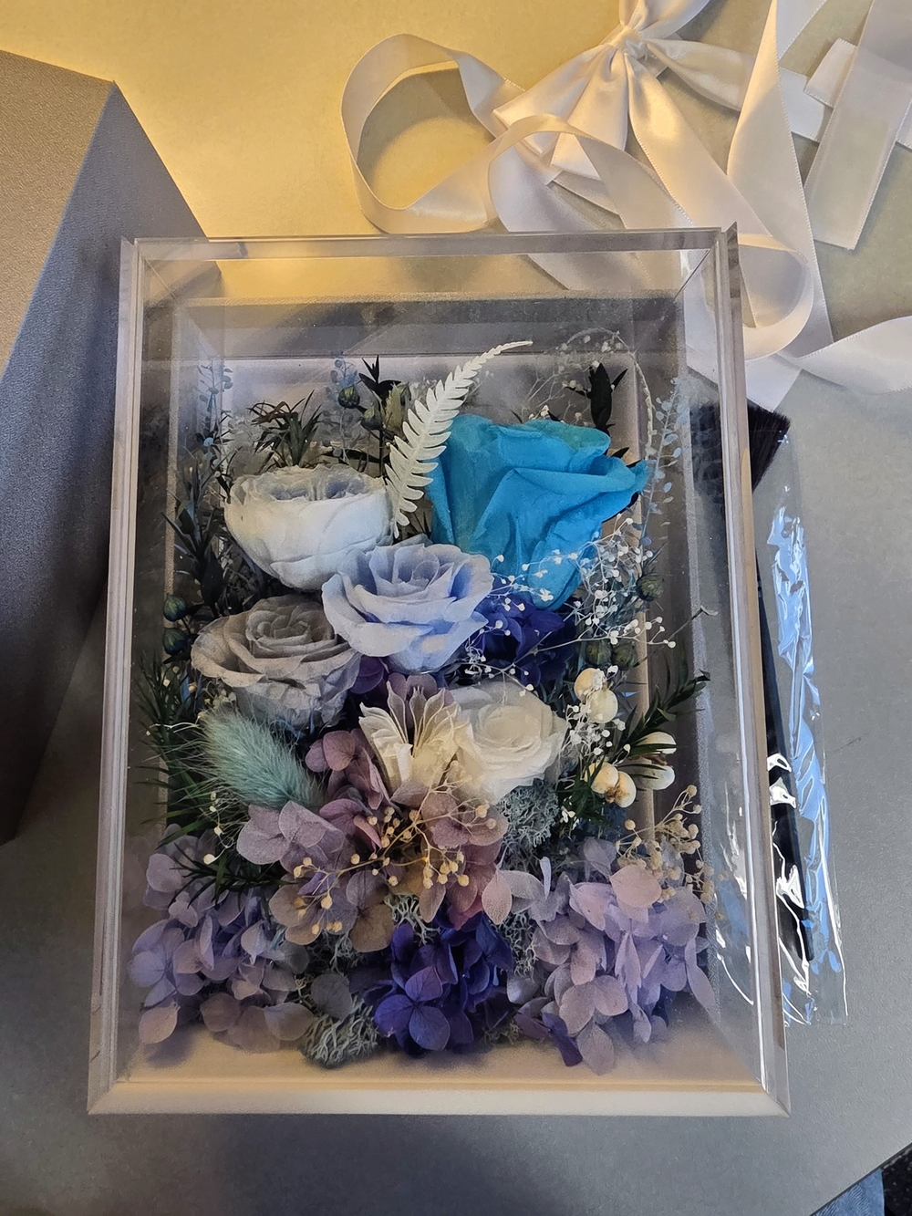 Preserved Blue & Lavender Rose Arrangement in Clear Display Box